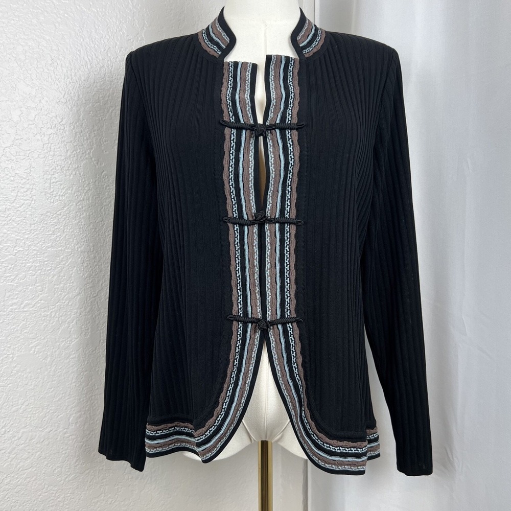 VTG Misook Sweater Womens Small Black Mandarin Collar Old Money Preppy Academia